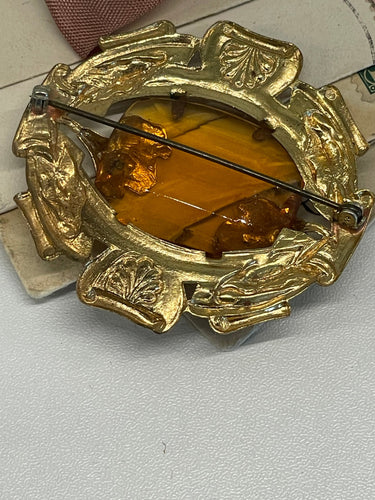 1940’s Czech Glass Amber and Gold Brooch Bloomers and Frocks